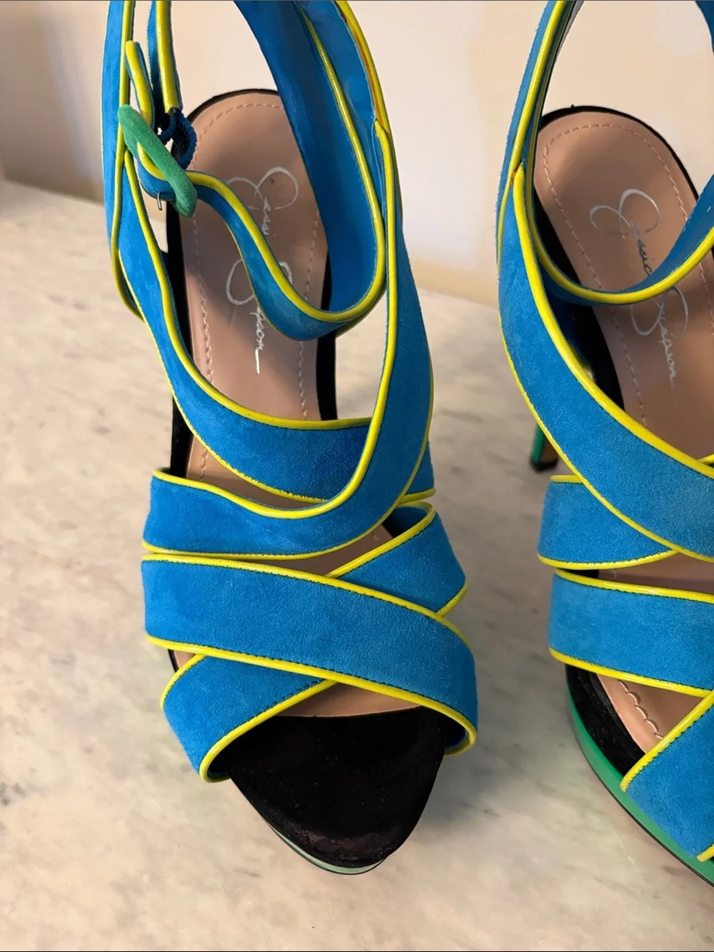 Jessica Simpson Turquoise & Green Strappy Suede Platform Heels Yellow Trim 8/38 - Picture 10 of 15